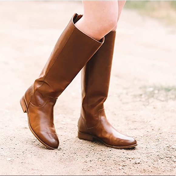 $399 Frye Jolie Back Zip Cognac Knee High Zip Up Round Toe Real Leather Boots - Picture 2 of 16